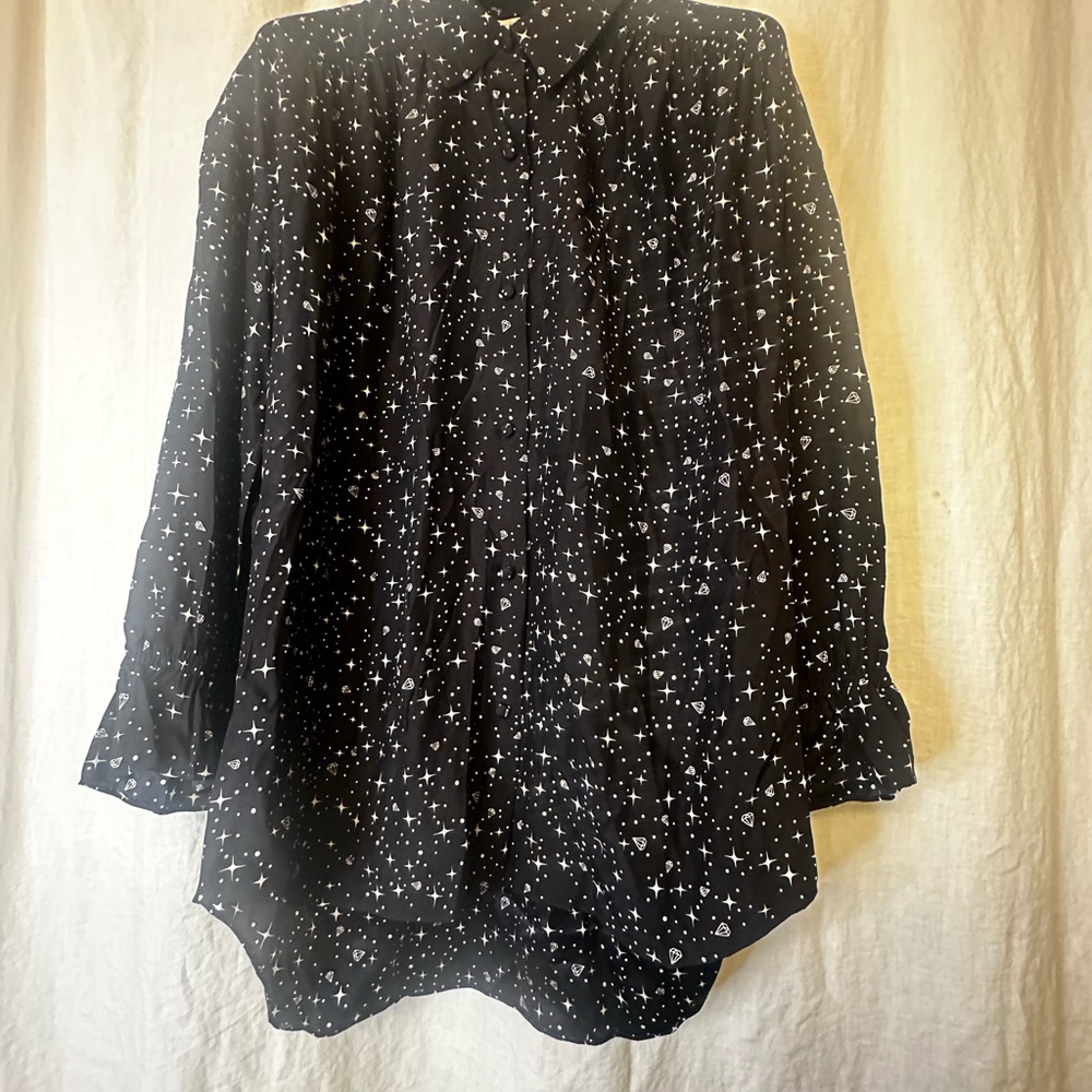 Black 100% Silk Frame Star Print Women's Top